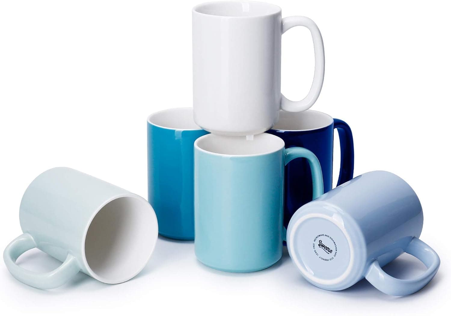 Sweese 608.003 Porcelain Mugs Set, 15 Ounce Large Handle Mugs, Set of 6, Cool Assorted colors