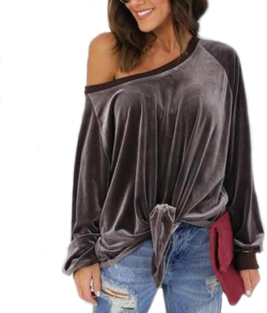 YunPeng Women's Pullover Bandage One Shoulder Velvet Solid Long Sleeve T-Shirt Top
