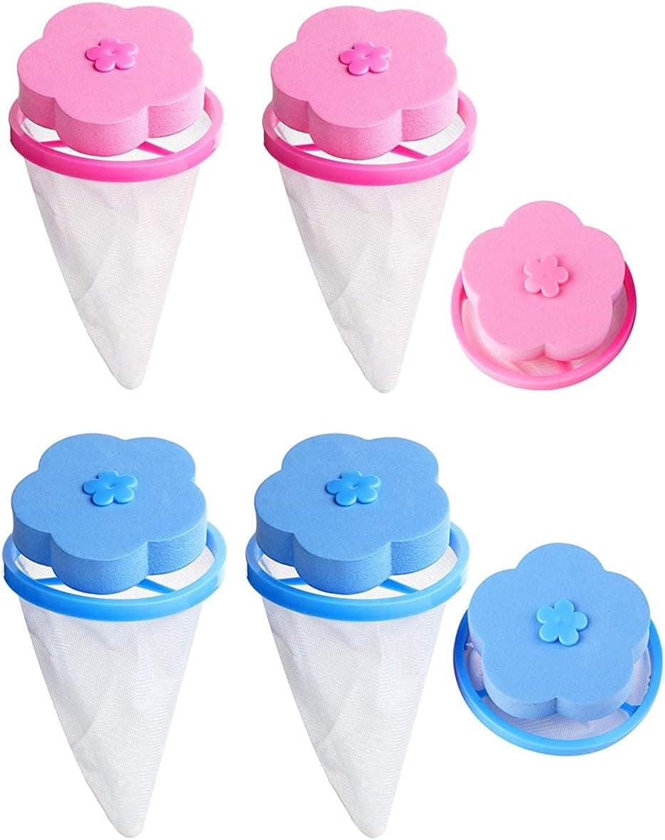 Lamoutor 4Pcs Reusable Washing Machine Lint Catcher Hair Filter Net Pouch Floating Lint Mesh Bag (Blue and Pink)