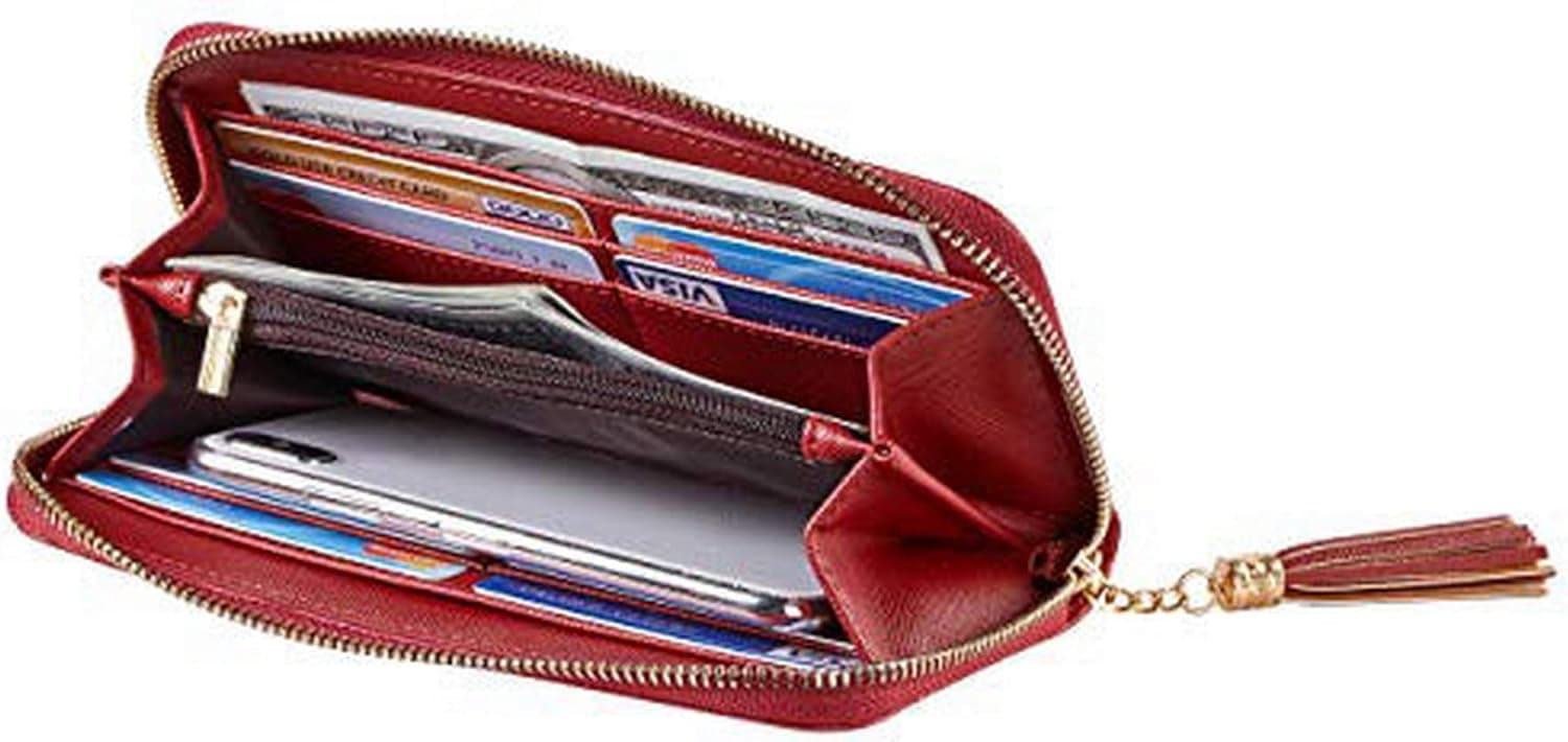 Travelambo Womens Wallet Tassel Bifold Ladies Cluth Wristlet Wrist strap Long Purse (CH Deep Red)