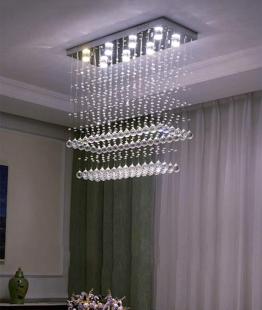 Siljoy Rectangular Crystal Chandelier Modern 2-Tiers K9 Raindrop Flush Mount Ceiling Lighting Fixture for Dining Room, 8-Lights, L32 x W12 x H32