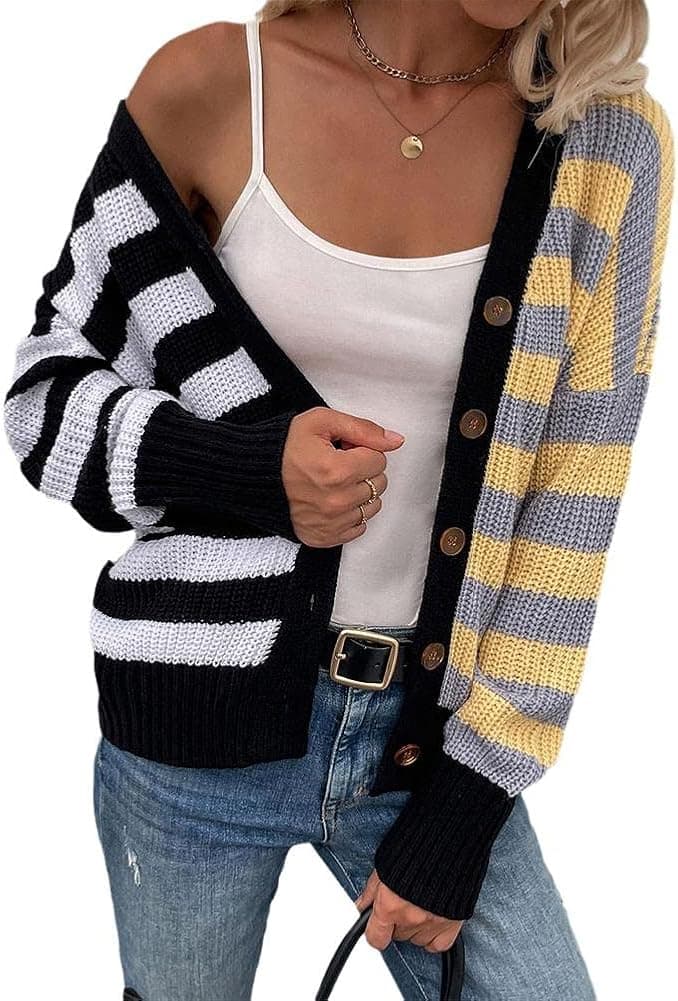 bbpawing Women's Long Sleeve Stripe Knit Cardigan Sweaters Open Front Outwear