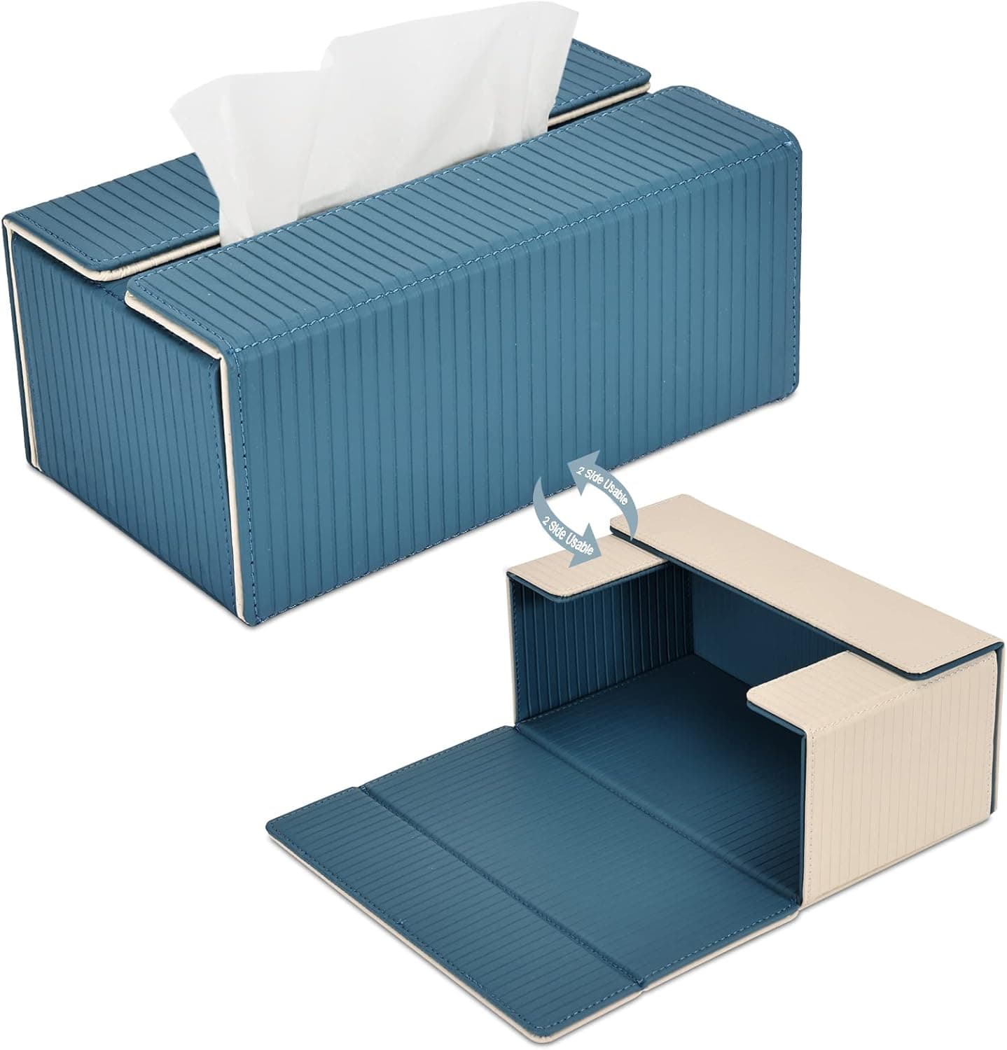 Tissue Box Cover Rectangular PU Leather Tissues Box Holder, KINGFOM Reversible Box Covers for Kleenex, Napkin, Dryer Sheet Dispenser for Car, Bathroom, Office, Home Decor - Blue/Beige(1 pcs)