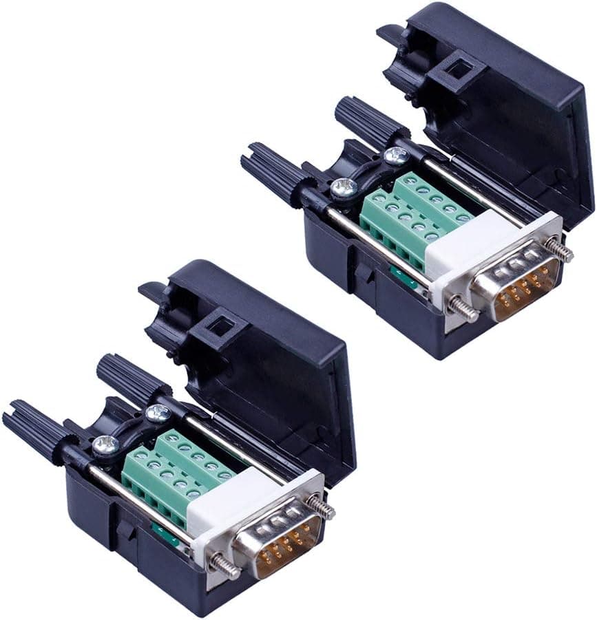 Anmbest 2PCS DB9 Solderless RS232 D-SUB Serial to 9-pin Port Terminal Male Adapter Connector Breakout Board with Case Long Bolts Tail Pipe (2PCS Male)
