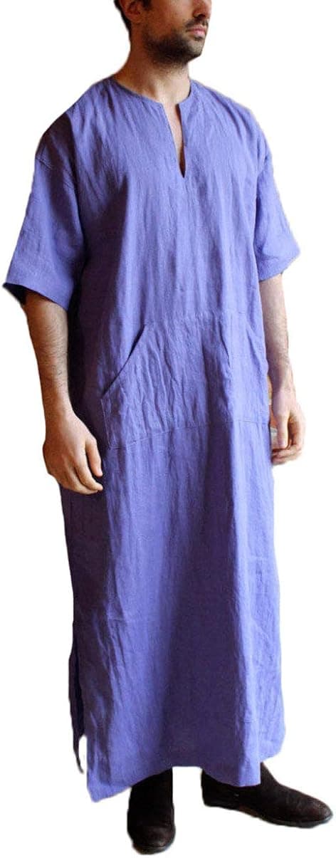 Canrulo Men's V Neck Short Sleeve Saudi Arab Thobe Islamic Muslim Dubai Robe Solid Loose Fit Longline T Shirt