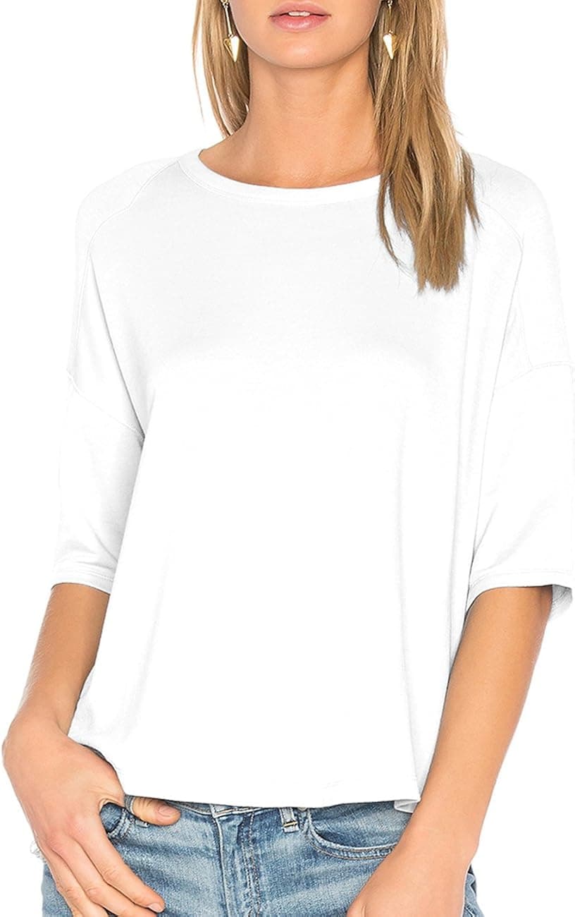 ALLY-MAGIC Womens 3/4 Sleeve Top Crew Neck Elbow Sleeve T-Shirt C4722 (L,White)