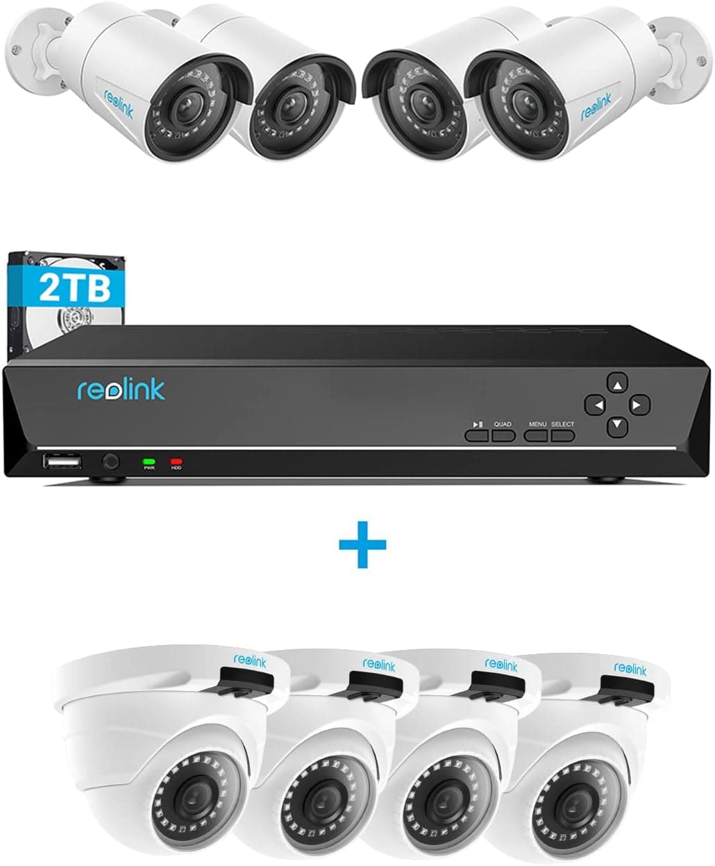 Reolink 4MP PoE Security Camera System Bundle, 8pcs 4MP IP Cameras, a 8CH NVR Pre-Installed with 2TB HDD(Include 4 x 18M Cat5 Cable)
