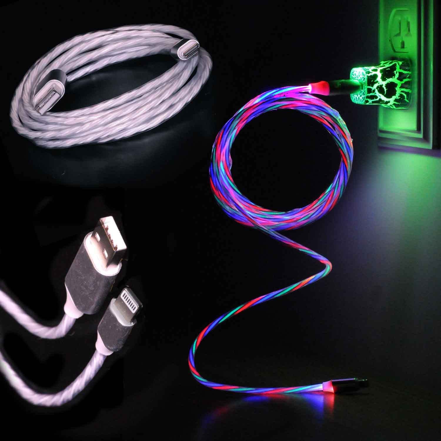 LyteCordz - Lighted Light Up LED Charging Charger Cable USB with Light Up Wall Plug Compatible with Type C - USB 3.0 (Rainbow)