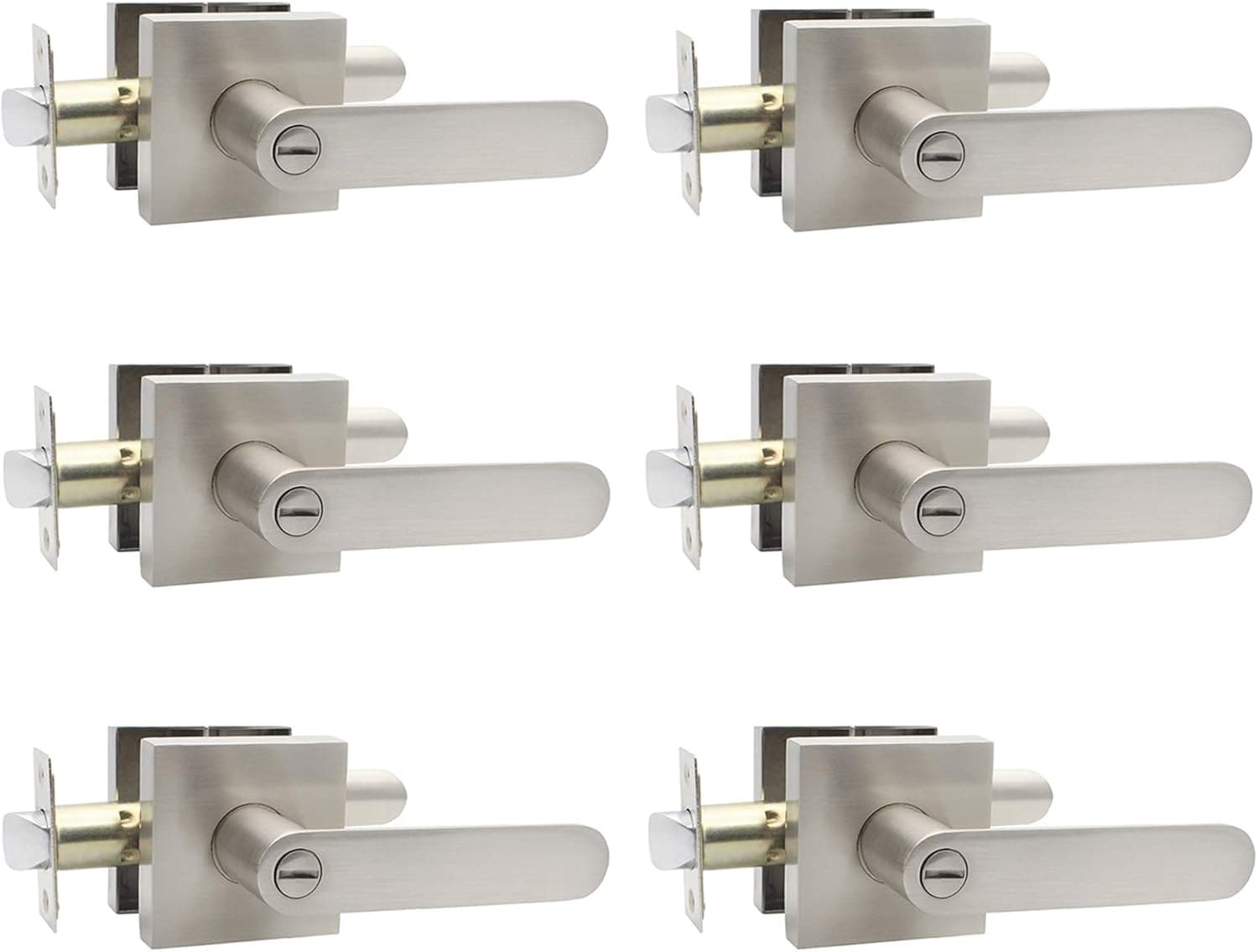 6 Pack Brushed Nickel Privacy Interior Door Lever Bathroom Bedroom Keyless Door Lock, Durable Door Leverset with Square Rosette, Contemporary Design Commercial or Residencial Use