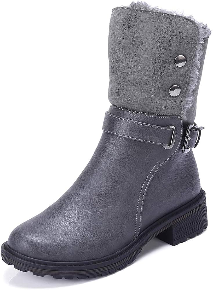 CAMEL CROWN Women's Warm Winter Boots Round Toe Leather Chunky Low Heel Faux Fur Winter Riding Boots Zipper Buckle Strap