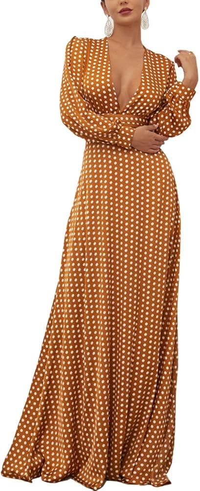 Women's Boho Polka Dots Long Sleeve Deep-V Split Elegant Maxi Dress