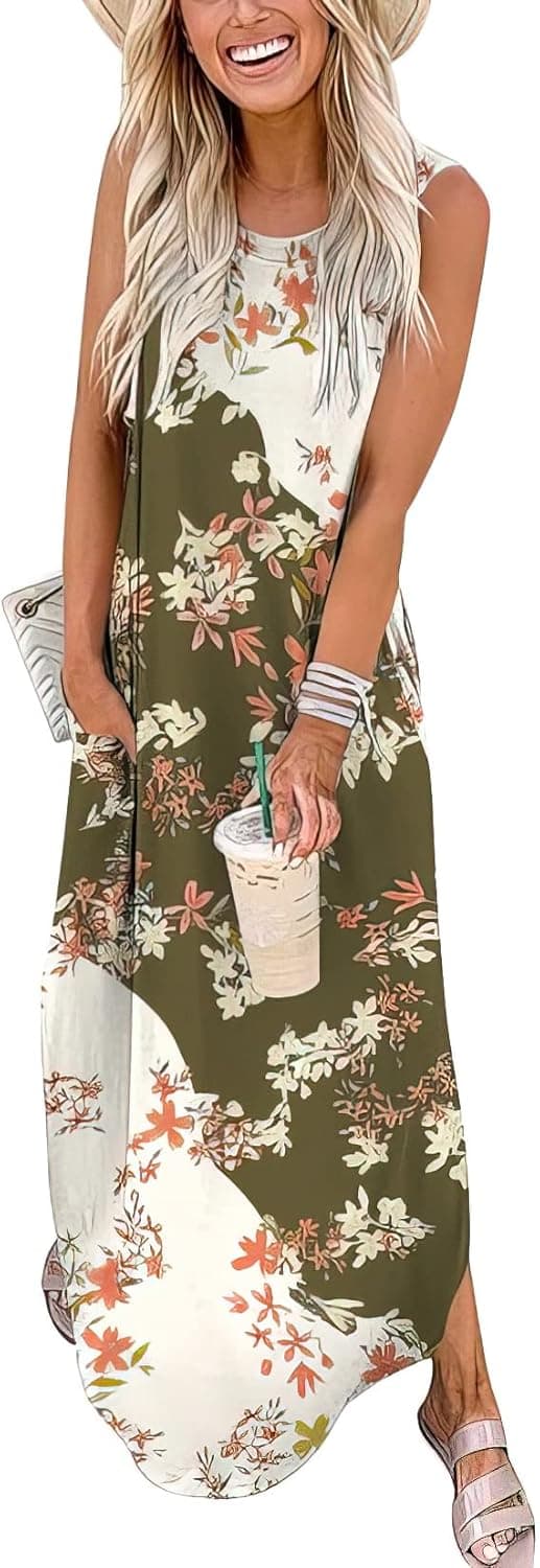 ANRABESS Women's Casual Loose Sundress Long Dress Sleeveless Split Maxi Dresses Summer Beach Dress with Pockets