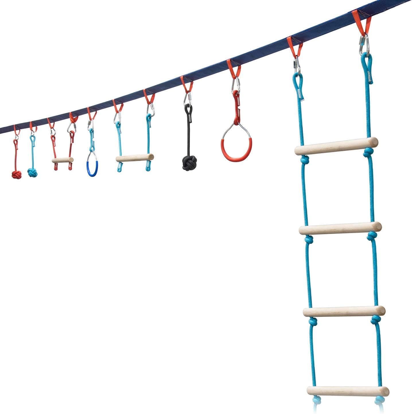 Portable 50 Foot Ninja Slackline Monkey Bar & Ladder Kit – Kids Gym Swinging Obstacle Course Set - Warrior Training Bars, Fists, Gymnastics Rings - Carry Bag & Tree Protectors