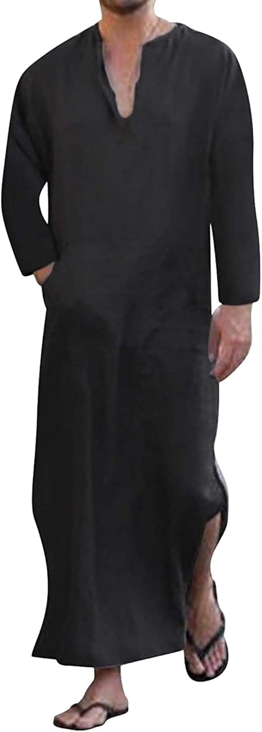 YAOHUOLE V-Neck Long Sleeve Home Robe Side Split Men's Kaftan Long Gown Thobe Casual Shirt Black 3XL
