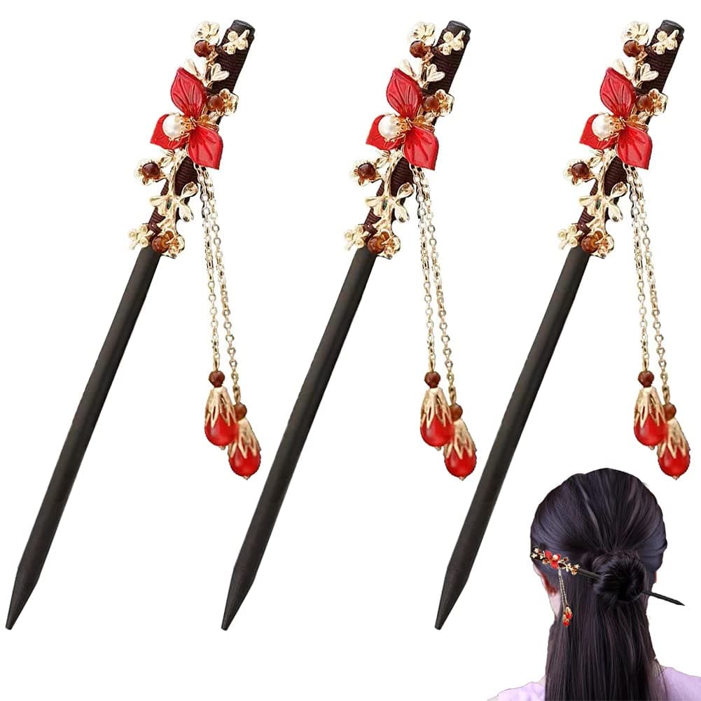 3 Pieces Hanfu Flower Pearl Tassels Hairpin Hair Sticks, Classical Feminine Temperament Bride Hair Accessories for Hair Styling, Wedding Jewelry Women Gifts (red)