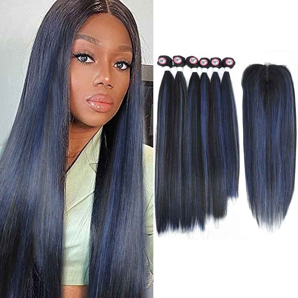 X-TRESS Synthetic Hair Bundles with Closure Black Highlight Blue Yaki Straight Weft Weave Swiss Lace Hair Extension Heat Resistant Synthetic Bundles