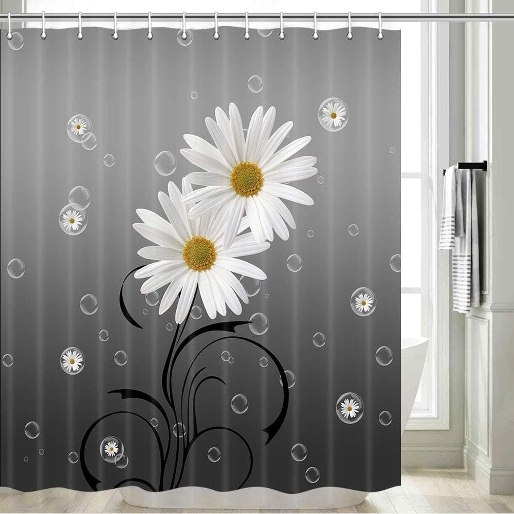 Sunflower Shower Curtain, Spring Daisy Flower Against Grey White Daisy Field Blooms Botanical Natural Bathroom Shower Curtain Sets, Fabric Shower Curtain Hooks Include, 70 in