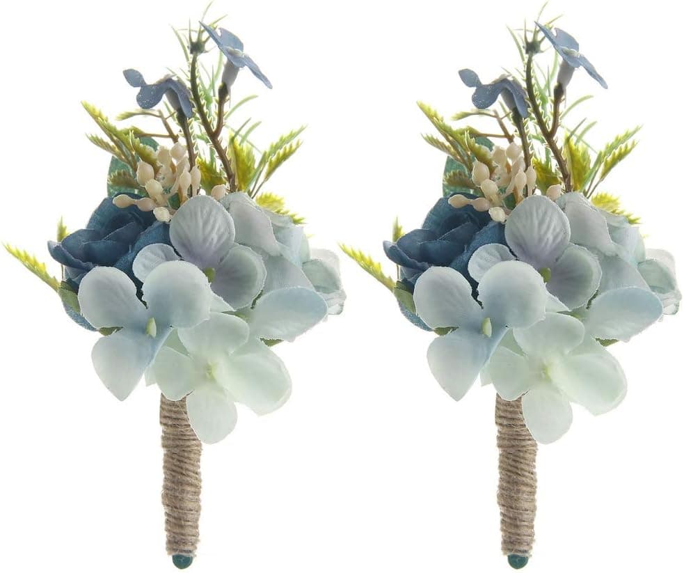 Febou Boutonniere 2PCS Wedding Boutonniere Handmade Boutonniere Corsage with Pin and Clip for Groom Bridegroom Groomsman Perfect for Wedding, Prom, Party (Boutonniere, N-Vintage Blue)