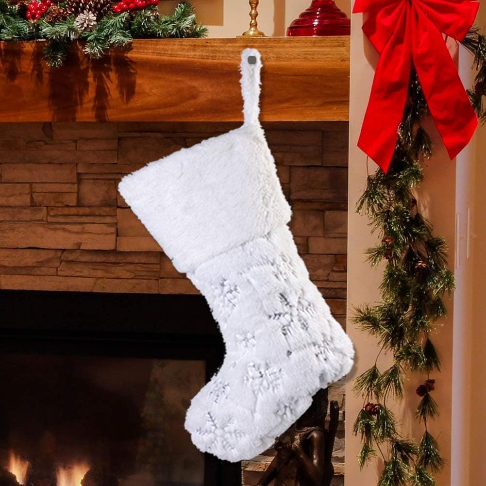 Juegoal 21 Inch White Christmas Stockings Faux Fur Large Holiday Stockings Handwork for Xmas Party Decoration, for Kids