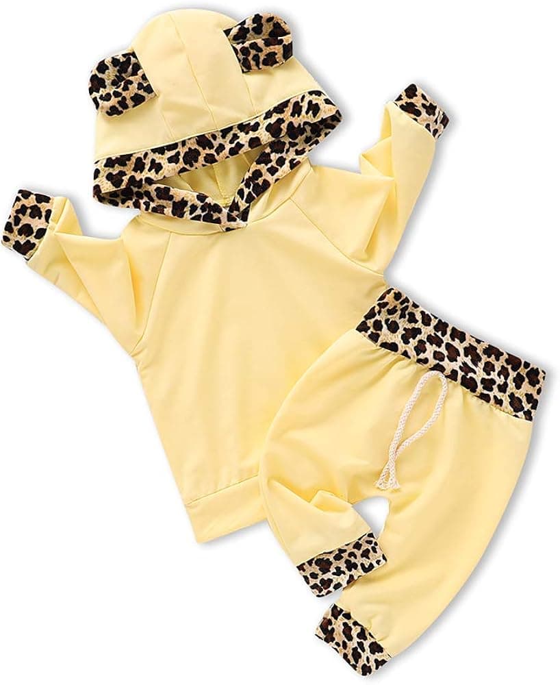 2Pcs Cute Newborn Baby Girls Pink Leopard Hoodie T-Shirt Top + Pants Sping Outfits Set