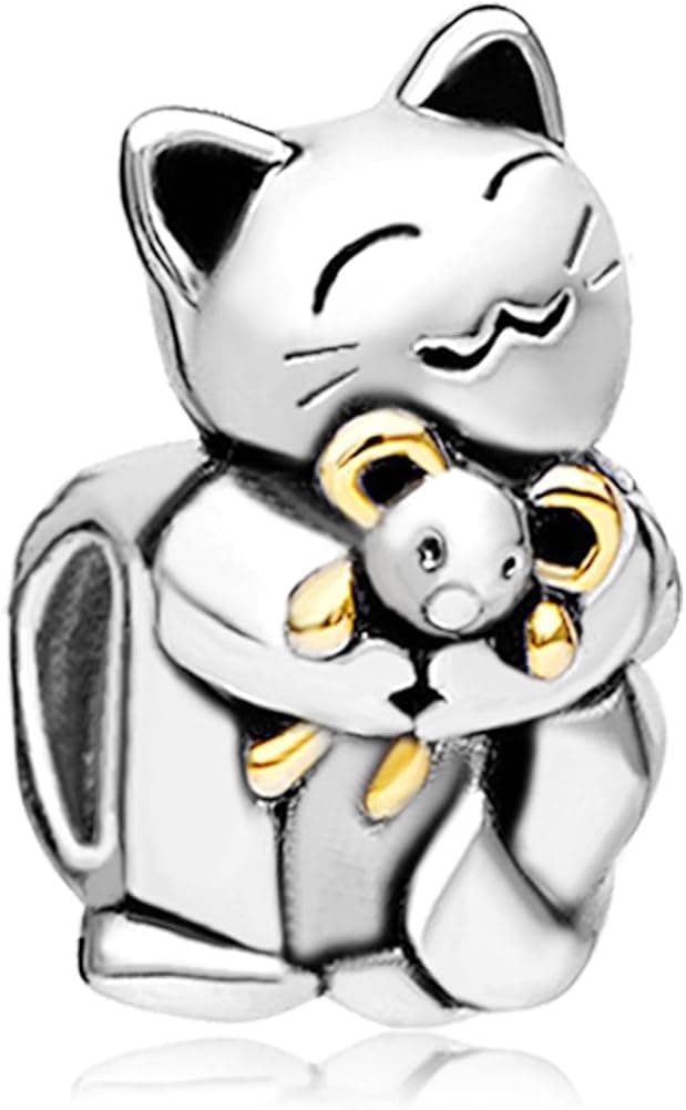 CharmsStory Smiling Pet Cat Hugging Mouse Animal Charms Bead For Bracelets