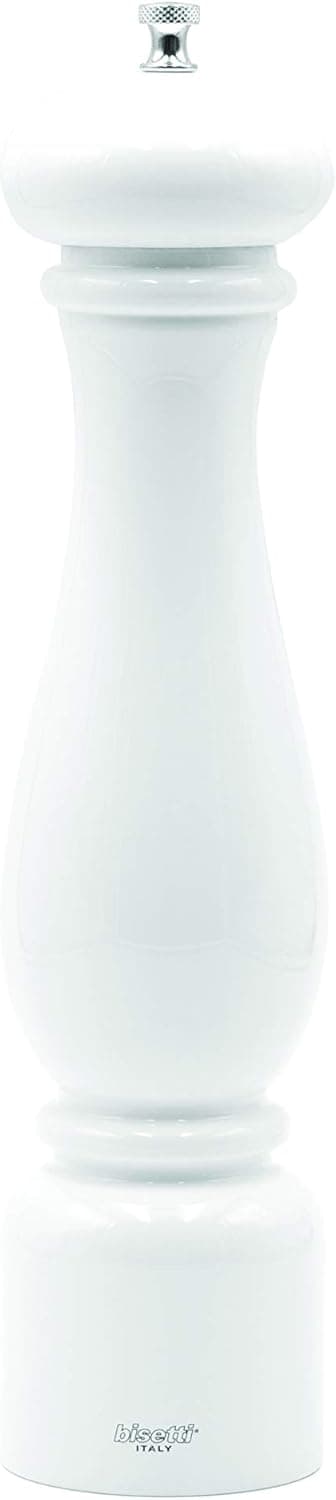 Bisetti Firenze 12.6 Inch White Lacquered Beechwood Salt Mill Grinder With Adjustable Ceramic Grinder