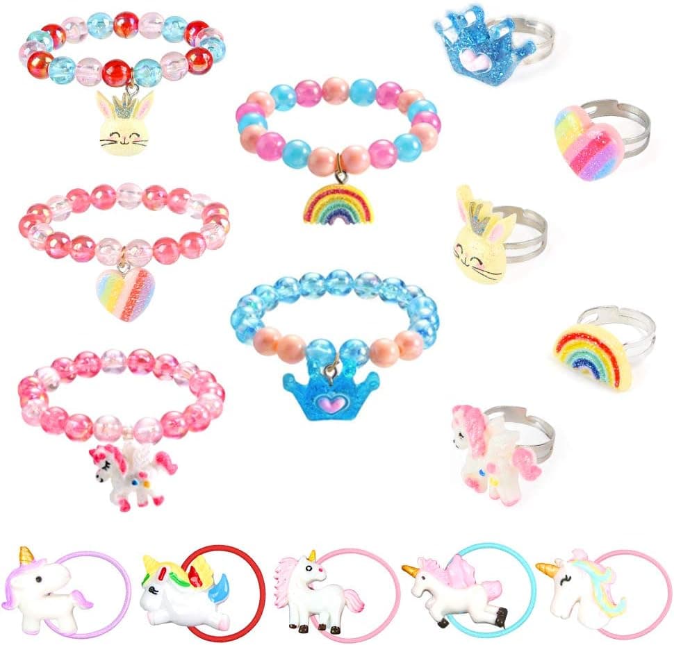 LOVESTOWN 15PCS Girls Beaded Bracelets Set, Colorful Friendship Stretchy Costume Jewelry Set Dress up Play Party Favors for Toddler Little Girl