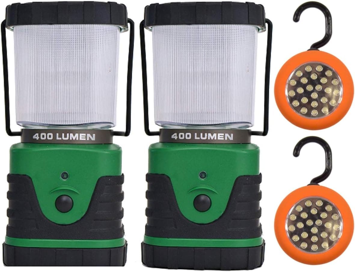 Quality Choices Two Camping LED Lantern with a Powerful 400 Lumens Electric lamp. Including an Accessory : Portable Magnetic LED Light. (2 Lanterns + 2 Magnetic LED)