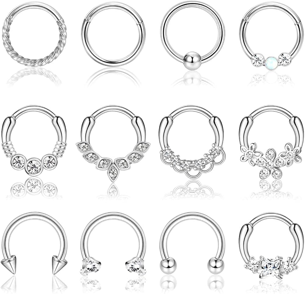 12PCS 16G Septum Clicker Ring 316L Stainless Steel Septum Ring CZ Opal Cartilage Helix Tragus Hoop Daith Earrings Hinged Segment Clicker Ring Zirconia Nose Rings Hoop 10MM Nose Piercing Jewelry
