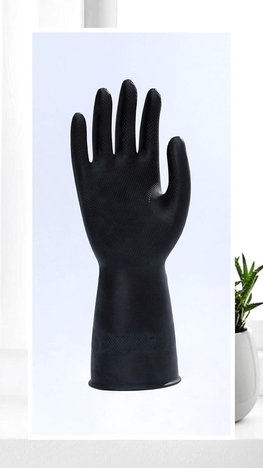 Rubber Gloves; Waterproof, House-hold, Gardening, Odor-free, Reusable (Black, Medium (8.5))