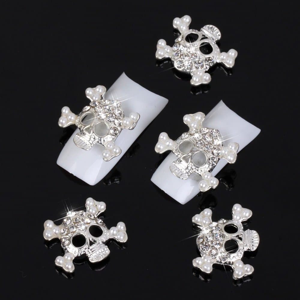Yesurprise 5Pcs 3D Alloy Rhinestones Faux Pearl Skull Nail Art Glitters Diy Big Size