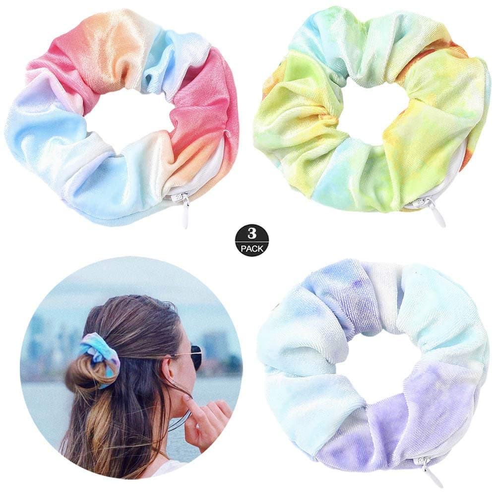 ZOSTLAND Hidden Pocket Premium Velvet Scrunchie with Secret and Hidden Zipper, Soft Hair Ties Bracelet, Key Money Storage Bag Wallet, Elastics Hair Band (3pcs Multicolour)