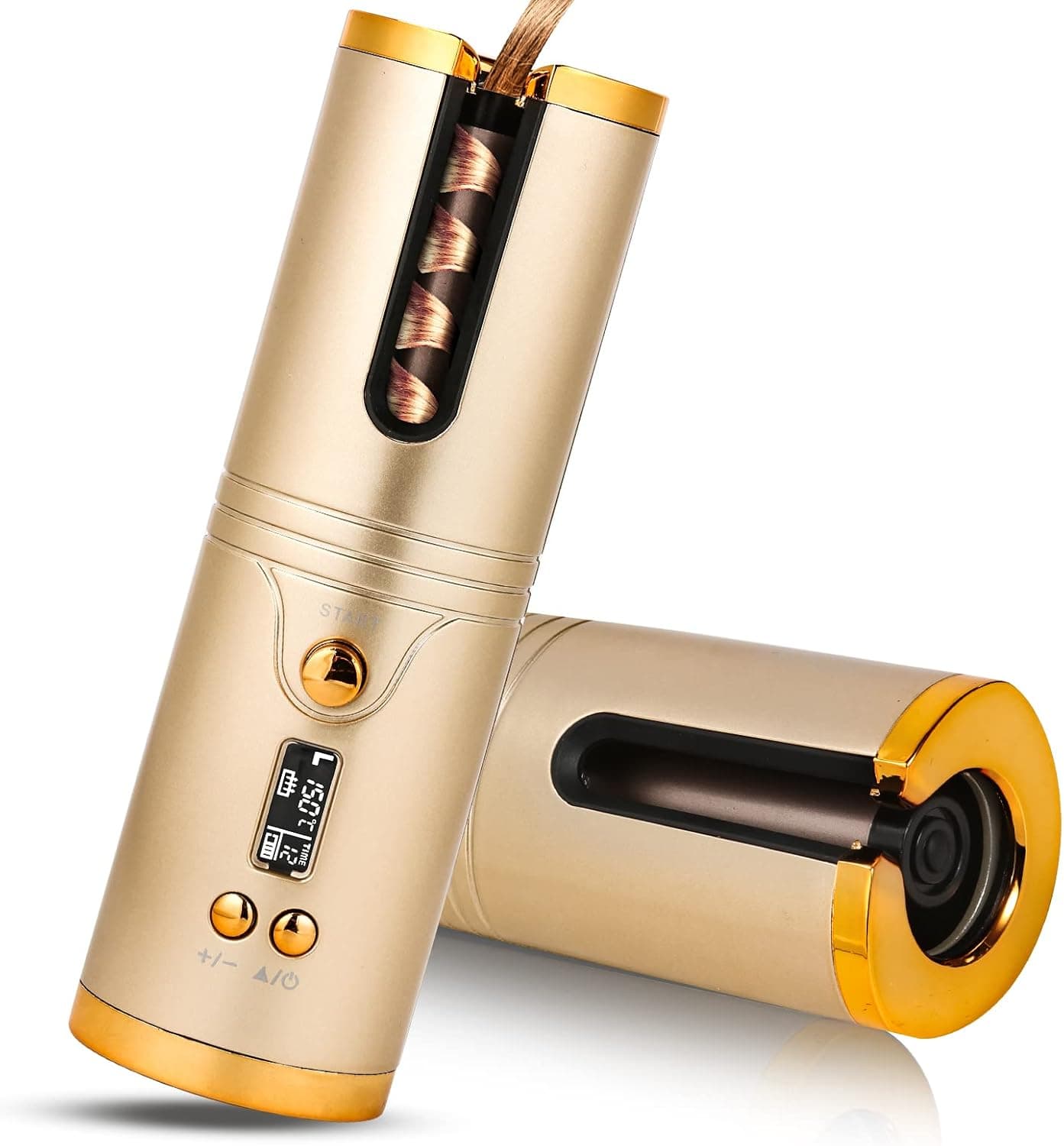 Automatic Curling Iron, Brifantico Cordless Hair Curler, Ceramic Rotating Hair Curler with LCD Display Adjustable Temperature & Timer, Portable Rechargeable Curling Wand for Hair Styling (Gold)
