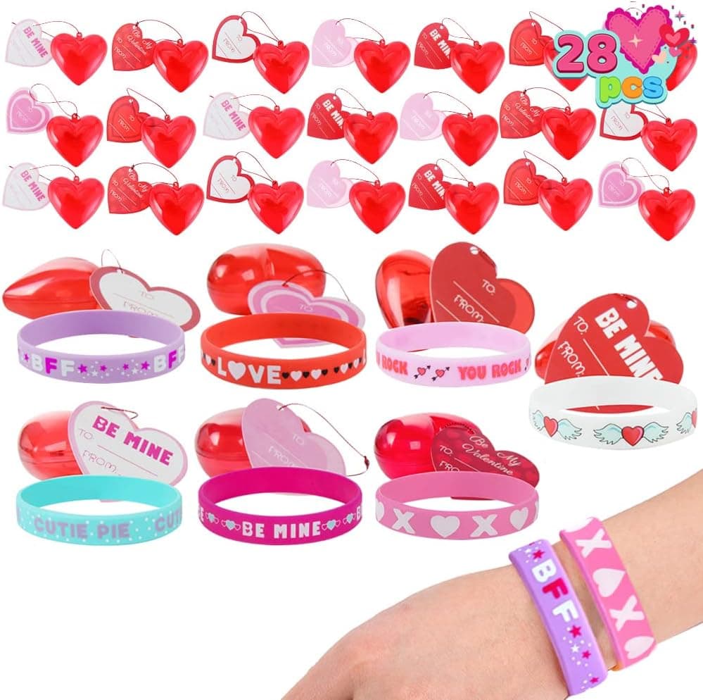 JOYIN 28 Packs Valentine Rubber Bracelet PreFilled Hearts Box，Silicon Rubber Wristbands for Kids Party Favors, Valentines Day Cards Gift for Classroom Exchange and Prize