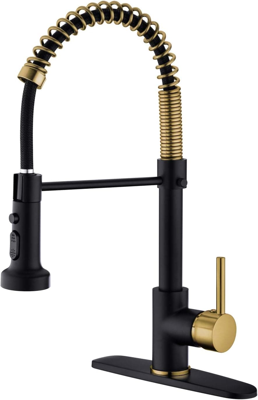 Pirooso Commercial Single Handle Spring Kitchen Sink Faucet, Lead Solid Brass Kitchen Faucet with Three Function Pull Down Sprayhead, Black + Gold Brushed Nickel