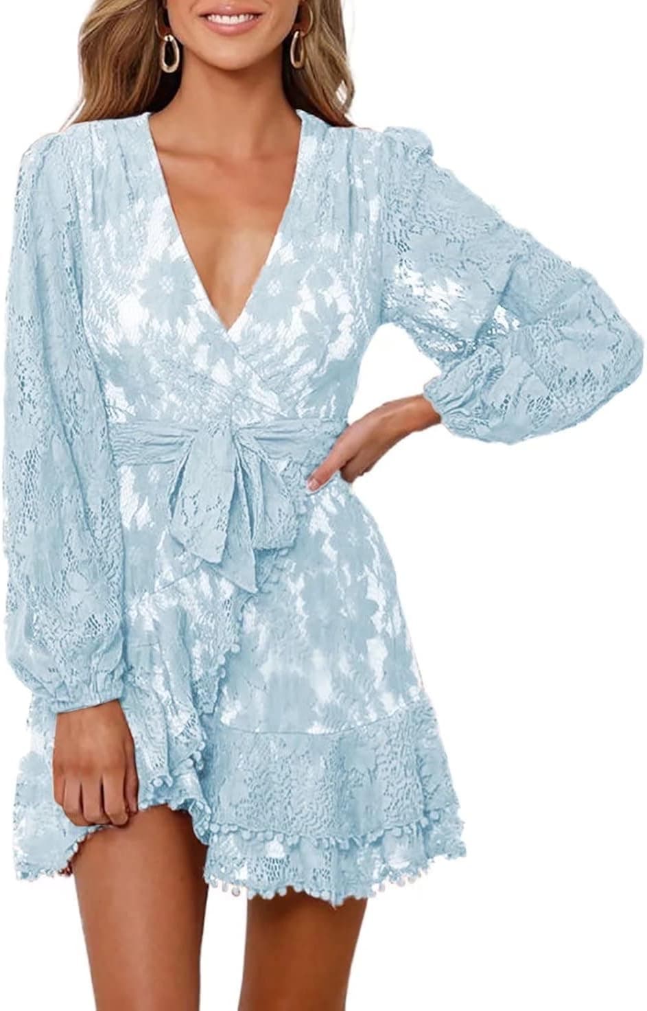 FARYSAYS Womens Long Sleeve V Neck Lace Wrap Mini Dresses