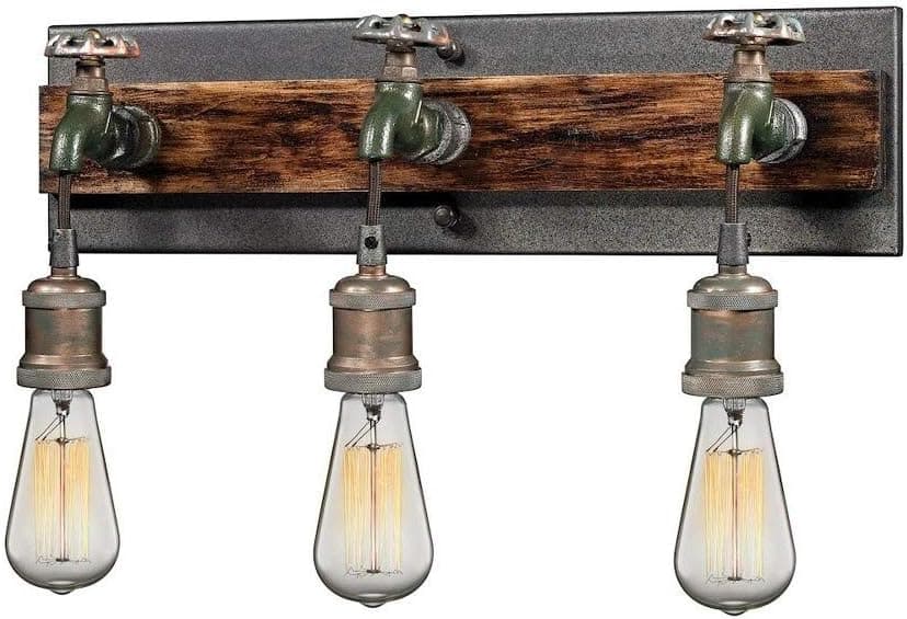 Three Light Steampunk Faucet Theme Vanity Light - Industrial Style Bathroom Light with Rectangular Back-Plate Multi-Tone Weathered Finish -
