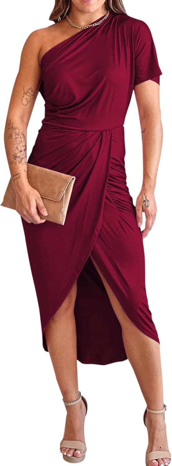 BTFBM Women One Shoulder Short Sleeve Ruched Casual Dresses Asymmetrical Wrap Front Split Cocktail Party Summer Midi Dress