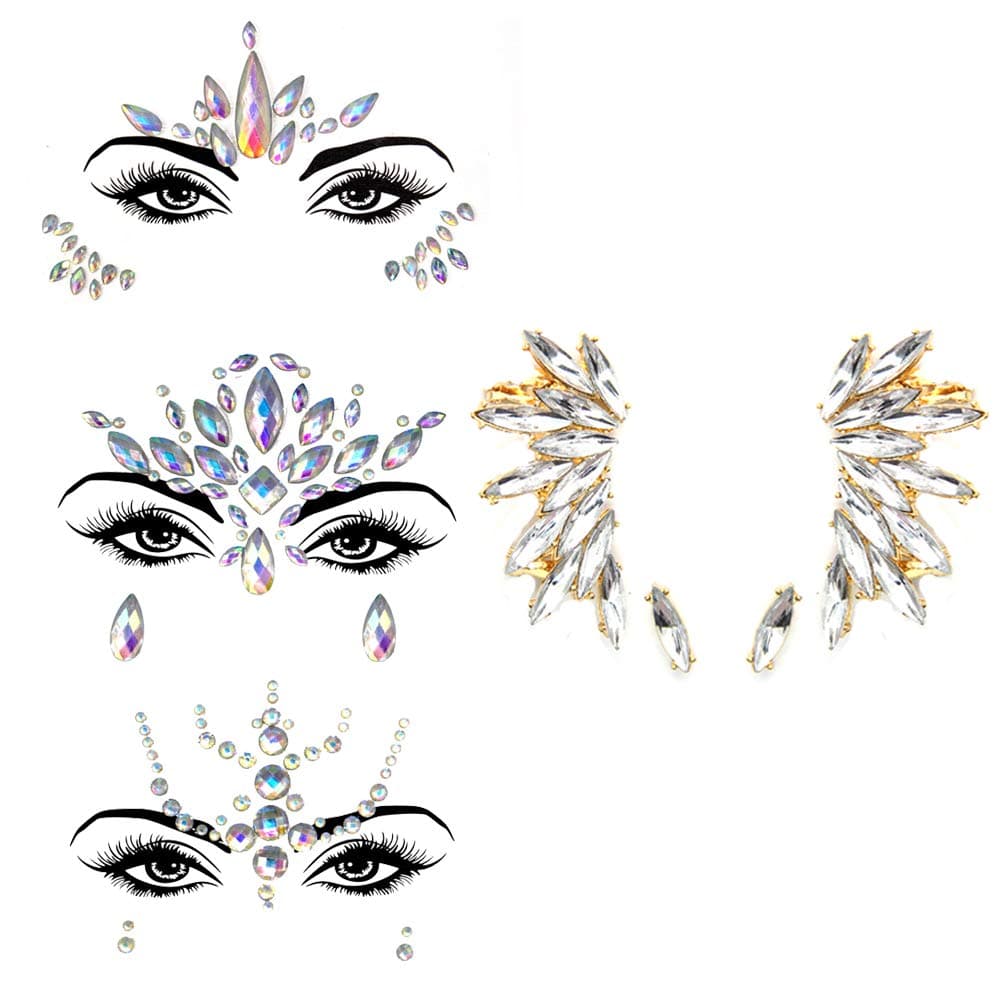 Noctilucent Face Gems Glow in the Dark Mermaid Face Jewels with Earrings Crystal Decor Halloween Party Accessories