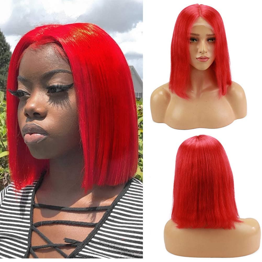 Loviness Short Bob Wig Red Human Hair Wigs 8’’ 10’’ 12’’ 14’’ Middle Part Lace Front Silky Straight Hair Wigs 180% Density 13X4 Frontal Pre Plucked(12 inches)