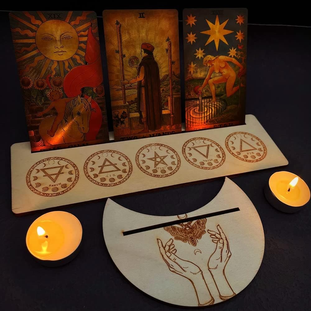 OKDOKEY Wooden Tarot Card Holders, Wood Handmade Display Stands for Witch Divination Tools, Majic Ceremonial, Altar Decor, (2pc Four Elements & Death Moth Cards Stand, 5"-10")