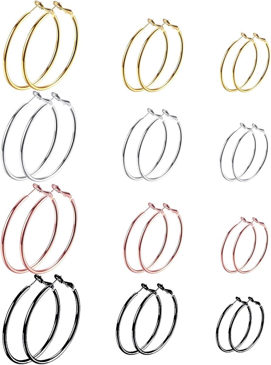 12 Pairs Big Hoop Earrings for Women Set, 30mm/50mm/60mm Hypoallergenic Stainless Steel Hoops in Gold Plated, Rose Gold Plated, Silver, Black for Women (12 Pairs Round Hoops)