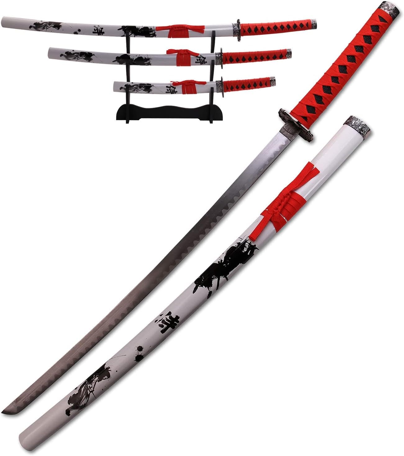 BladesUSA – Oriental 3 Piece-Sword Set –Carbon Steel Blades (Dull), Red Cord Wrapped Handles, Zinc Tsubas, Scabbards with Samurai Design, 3-Tier Display - SW-79-4 – Collectible, Display, Replicas