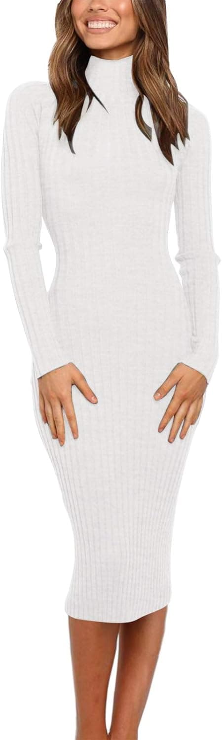 MEROKEETY Women's Ribbed Long Sleeve Sweater Dress High Neck Slim Fit Knitted Midi Dress