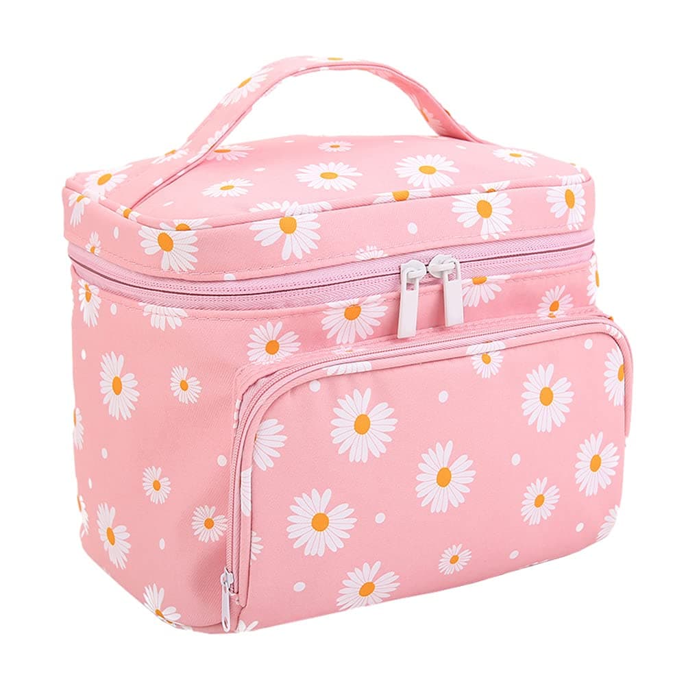 HOYOFO Makeup Bags for Women Large Cosmetic Bags with Brush Holders Travel Make up Bag, Pink Daisy