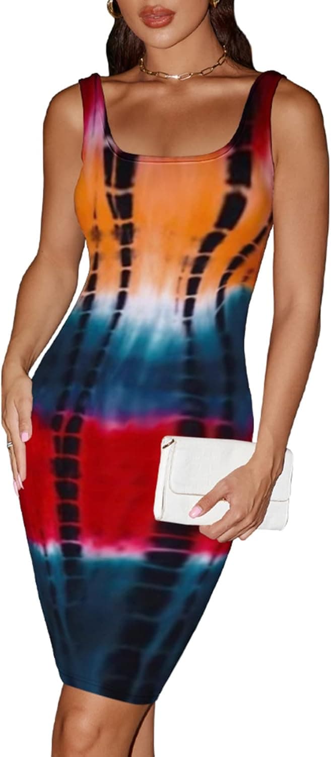 weiyinhe Sexy Summer Women's Casual Tie Dye Round Neck Sleeveless Club Beach Bodycon Midi Tank Dress Sun Dresses