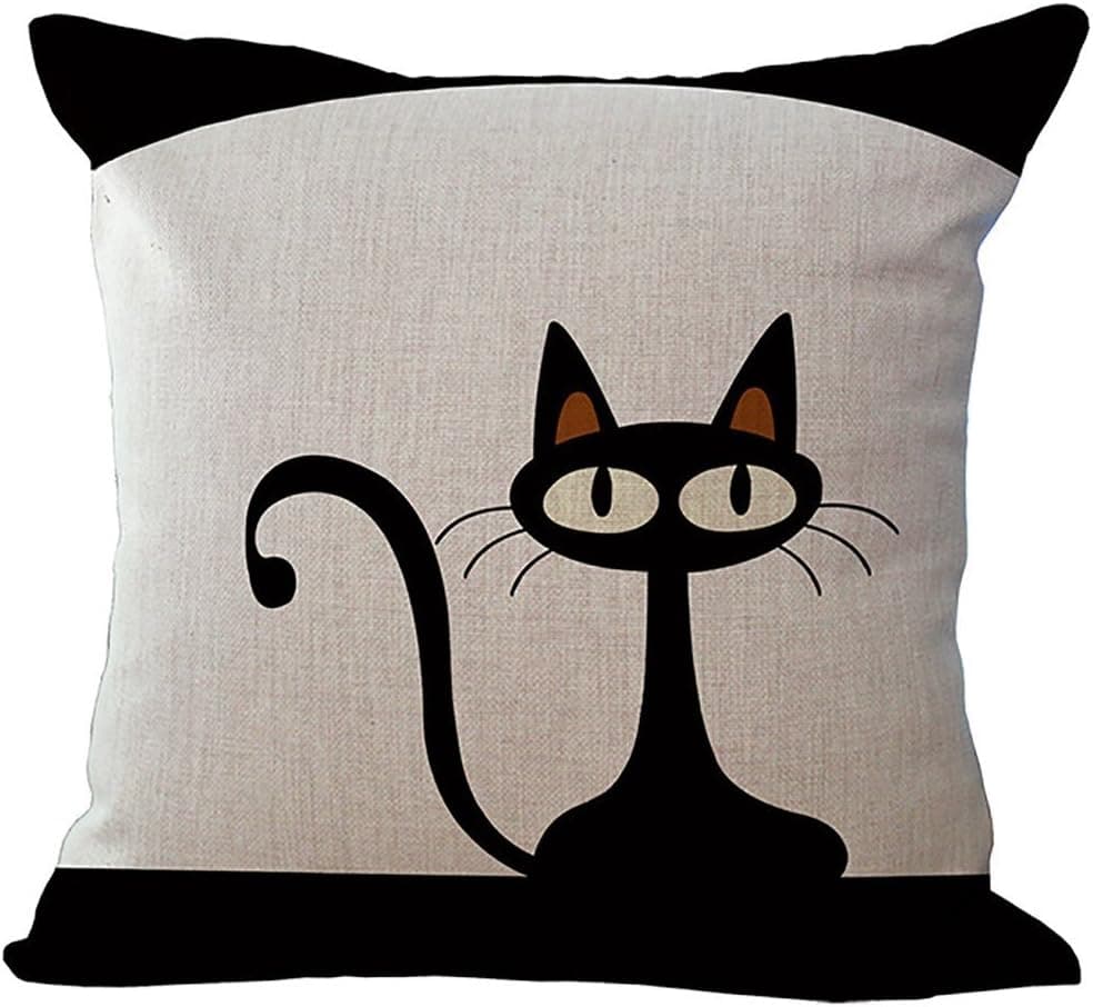ChezMax Linen Blend Black Cats and White Pattern Cushion Cover Cotton Pillowslip Square Decorative Throw Pillow Case 18 X 18''