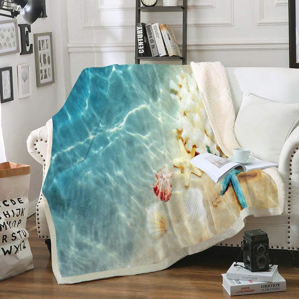 Bedbay Queen Size Ocean Blanket for Bed Sherpa Fleece Blanket Teal Beach Ocean Themed Soft Warm Plush Throw Blanket for Bed Couch Sofa Travel(Ocean Beach, Queen(90"x90"))