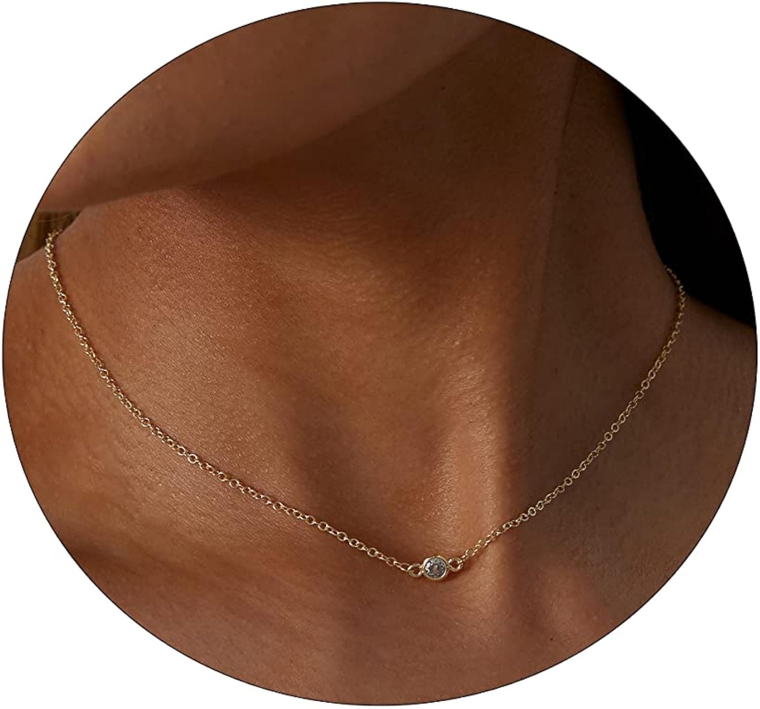 ASCOMY Dainty CZ Diamond Solitaire Pendant Necklaces for Women 14K Gold Plated Single Round Cubic Zirconia Square Simulated Diamond Choker Necklace Bride Bridesmaid Weeding Jewelry Gifts