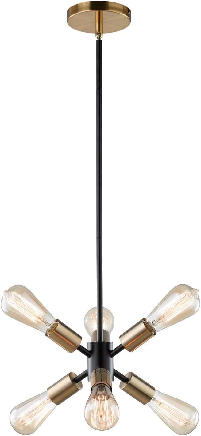 SPACETHREE Industrial Black Sputnik Pendant Light 6 Light Mid Century Modern Starburst Chandelier for Kitchen Dining Table Bathroom Mudroom